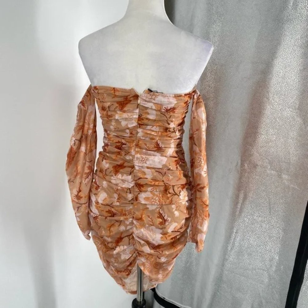 Brown Floral Print Long Sleeve Off Shoulder Ruched Bodycon Mini Dress - Picture 10 of 11